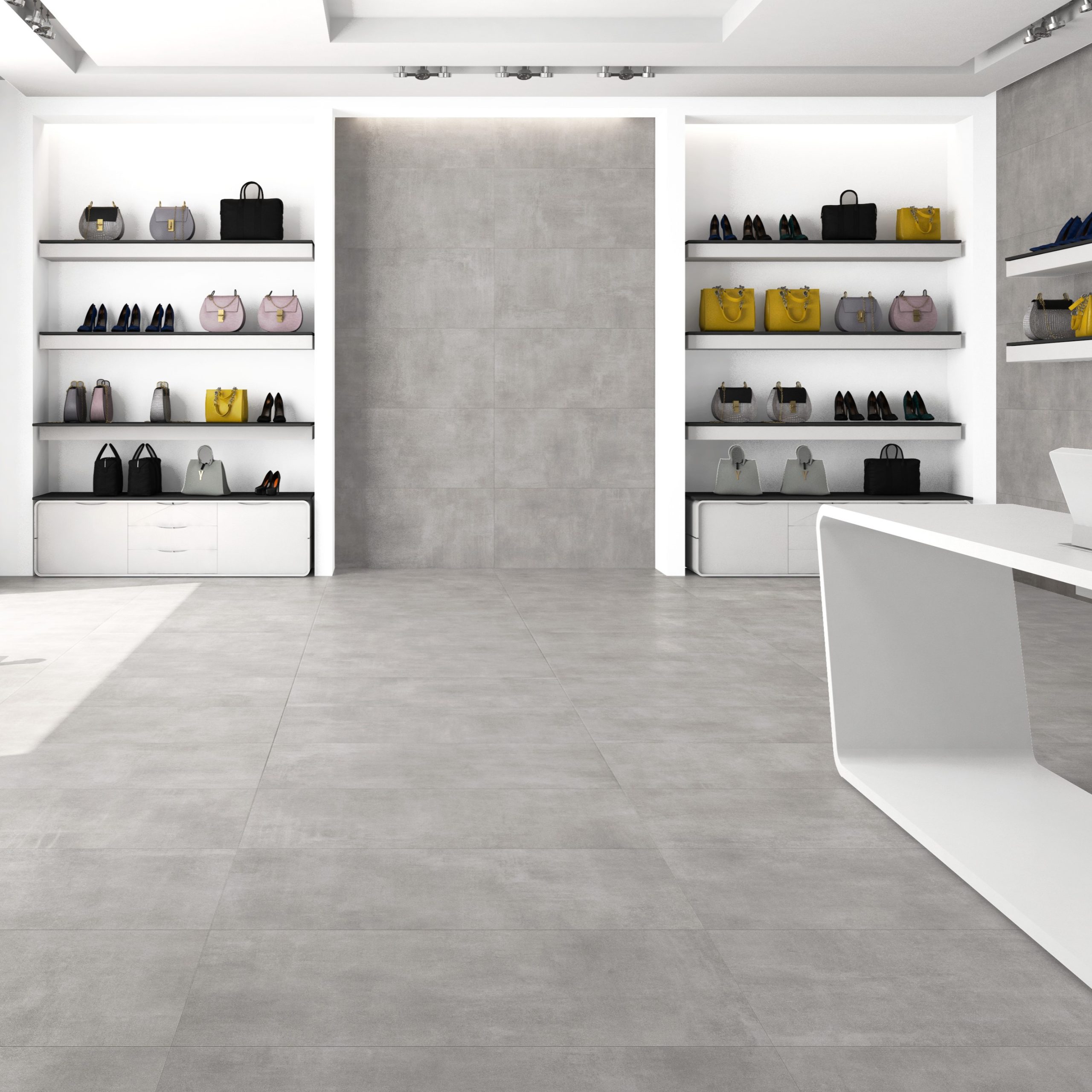 ButiksstÃ¤dning Stockholm - Modern butik med skor och vÃ¤skor pÃ¥ vita hyllor